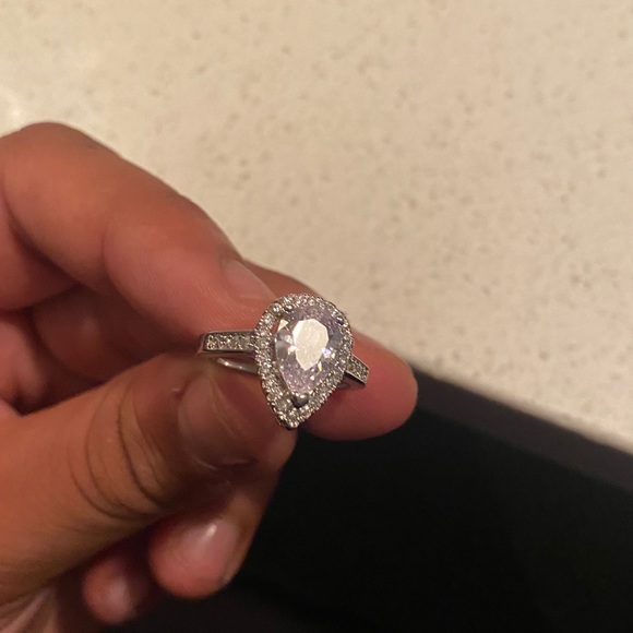 New Halo Pear Austrian Crystal Ring with Single Half Row Pave Engagement Ring - Picture 7 of 12